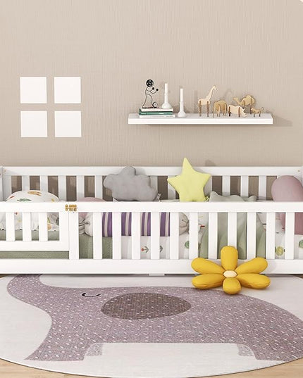 Multifunctional Twin Size Floor Bed with Safety Guardrails and Door, Removable Wood Slats, Montessori Beds Frame for Toddlers, for Boys and Girls, White - LeafyLoom