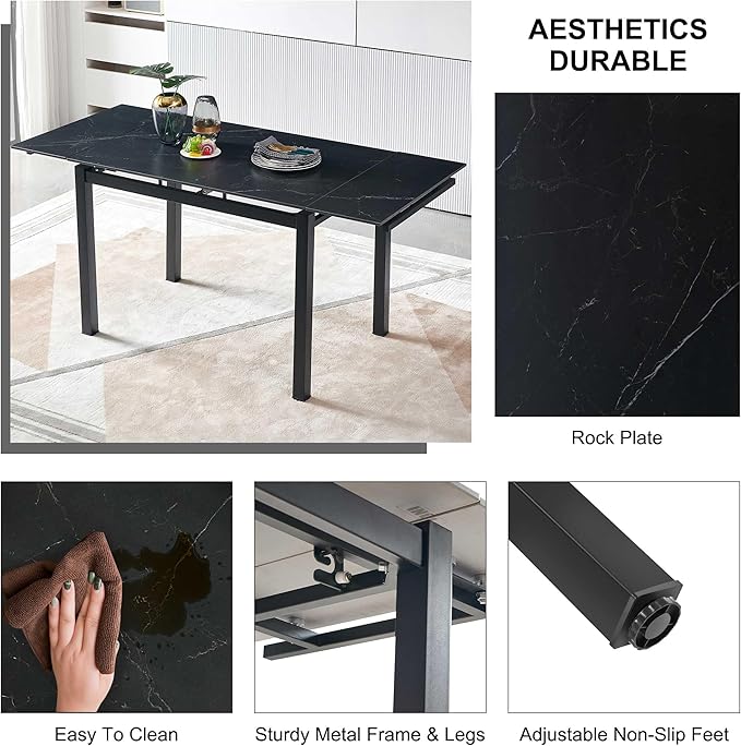 NicBex 43.31Inch Rectangular Expandable Dining Table,Minimalist Kitchen Table with Black Ceramic Tabletop for 4 to 6,Dining Room Table for Kitchen,Small Space and Living Room,Space-Saving,Black - LeafyLoom