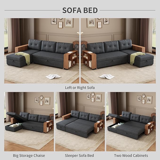 84" Pull, L Shaped Couch with Wooden Storage Handrail,Convertible Sectional Sleeper Sofa W/Chaise and 3 Back Cushions for Living Room,Apartment,Office,Dark Grey - LeafyLoom