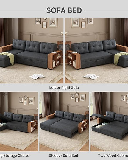 Ball & Cast 84" Sectional Sleeper Sofa Chaise, L Shaped Pull Out Couch Bed,Wooden Storage Handrail,for Apartments, Living Room and Office, Dark Grey - LeafyLoom