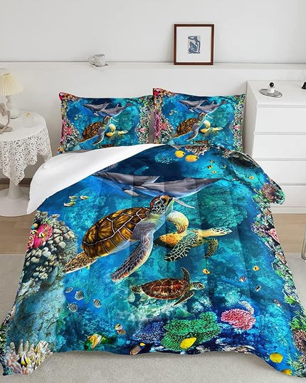 CVHOUSE Sea Turtle Comforter Sets King for Ocean Lovers,Turtle Beach Bedding Sets King Set,Turtle Bedspread,Turtle Duvet,Turtle Bed Set,Turtle Quilt Set 3 Pcs 1 Comforter and 2 Pillowcases - LeafyLoom
