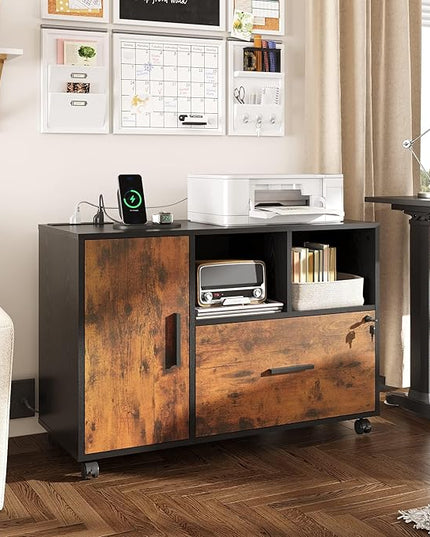 DEVAISE File Cabinet with Charging Station, 1 Drawer Rolling File Cabinet, Locking Filing Cabinet for Home Office, Wood Printer Stand with Storage, Rustic Brown - LeafyLoom