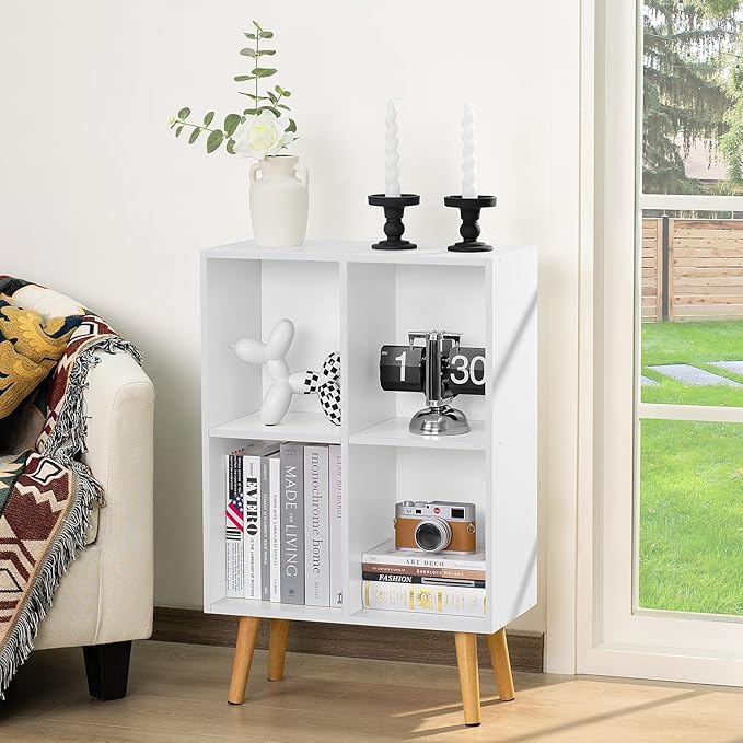 YAHARBO Small 4 Cube White Bookshelf,3 Tier Modern Kids Bookcase with Legs, Wooden Bookshelves Storage Shelf,Book Shelves Organizer,Display Bookcases Cabinet for Room Nursery Study - LeafyLoom