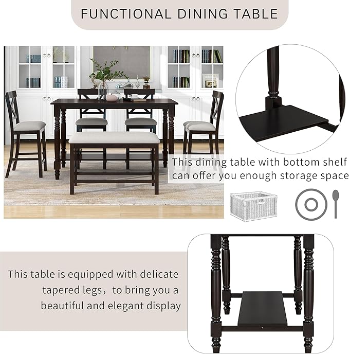 6-Piece Counter Height Dinette Sets Kitchen Dining Table with Shelf, 4 Chairs & Bench w/Soft Cushion, for Diningroom Living Room, Easy to Assemble, Espresso 3 - LeafyLoom