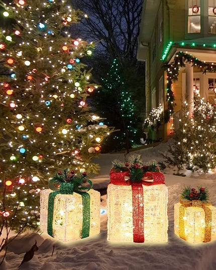 [Large 10"x8.5"x6.5" Christmas Set of 3 Lighted Clear Acrylic Gift Boxes Decorations Pre-lit 70 Super-Bright LED with Flashers,for Indoor Outdoor Pathway Holiday Party Home(Warm White) GLOWNOVA