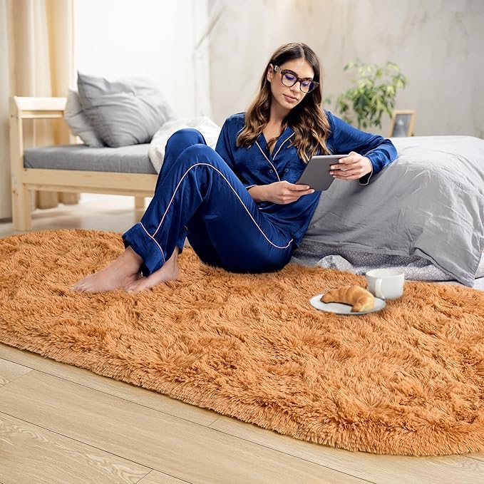 Noahas Ultra Soft Fluffy Bedroom Rugs,2.6' X 5.3' Oval Khaki Fluffy Rugs for Bedroom,Small Throw Rugs, Kids Room Carpet Modern Shaggy Area Rugs Home Decor - LeafyLoom