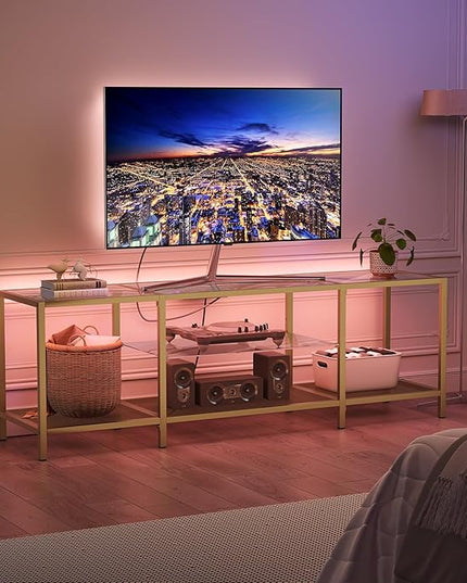 HOOBRO TV Stand with LED Lights and Power Outlets for TVs up to 75", Modern 63 Inch Tempered Glass TV Console Table with Open Shelves, Media Entertainment Center for Living Room, Gold GD165UDS01 - LeafyLoom