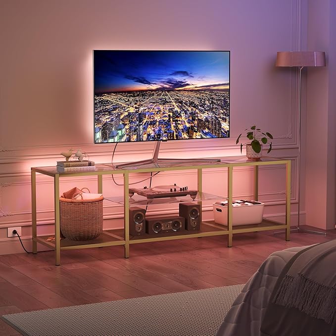 HOOBRO TV Stand with LED Lights and Power Outlets for TVs up to 75", Modern 63 Inch Tempered Glass TV Console Table with Open Shelves, Media Entertainment Center for Living Room, Gold GD165UDS01 - LeafyLoom