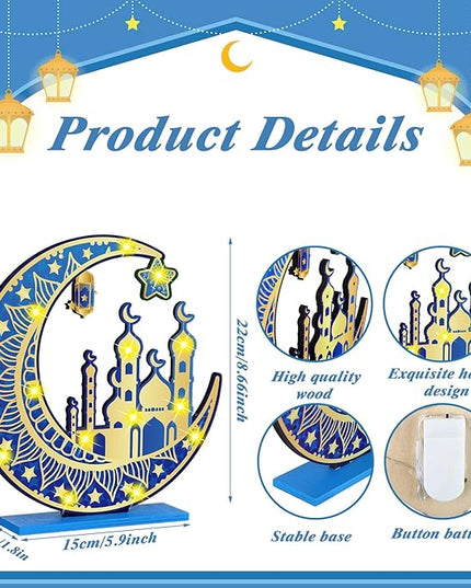 2 Pcs Ramadan Eid Mubarak Crafts Night Light 3D Wooden Moon Star Lights Ramadan Decorations LED Eid Mubarak Lamp Decor Ramadan Table Sign for Tabletop Home Party Supplies(Blue and Gold) - LeafyLoom