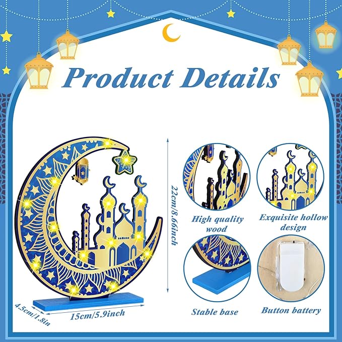 2 Pcs Ramadan Eid Mubarak Crafts Night Light 3D Wooden Moon Star Lights Ramadan Decorations LED Eid Mubarak Lamp Decor Ramadan Table Sign for Tabletop Home Party Supplies(Blue and Gold) - LeafyLoom