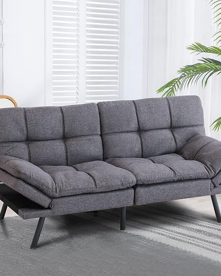 Futon Bed/Couch,Grey Polyester Memory Foam Small Splitback, Easy-Convert Backrests&Armrests,Stain-Resistant Fabric Sofas, 71x33x31.5 - LeafyLoom