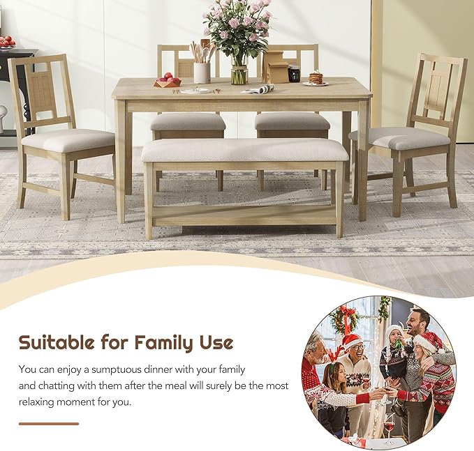 6-Piece Retro Dining Set with 4 upholstered Chairs, Counter Kitchen Suit W/Minimalist Wooden Table and 1 Shelf Bench, for Family Use, Easy to Install, Natural+Beige-1 - LeafyLoom