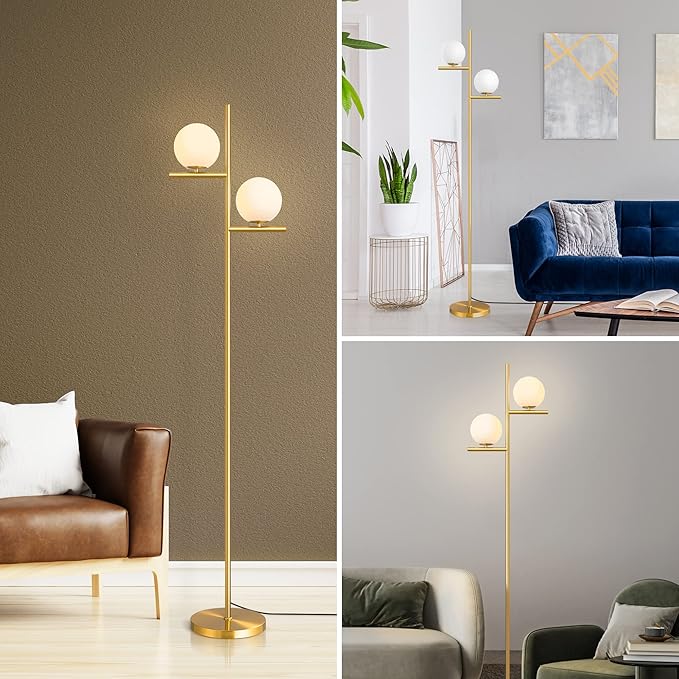 EDISHINE 67.5in Mid Century Modern Globe Floor Lamp, Upgraded Dimmable Gold Standing Lamps for Living Room, Frosted Glass Shade, LED Tall Pole Lamp for Bedroom-Brass Plating - LeafyLoom
