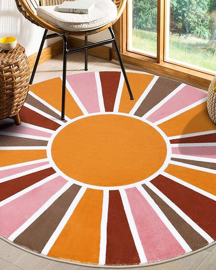 Topotdor Sun Rainbow Round Rug 4ft Boho Kids Nursery Rug, Colorful Washable Area Rug Ultra Soft Circle Classroom Rug Non-Slip for Bedroom Living Room Playroom Decor, Pink - LeafyLoom