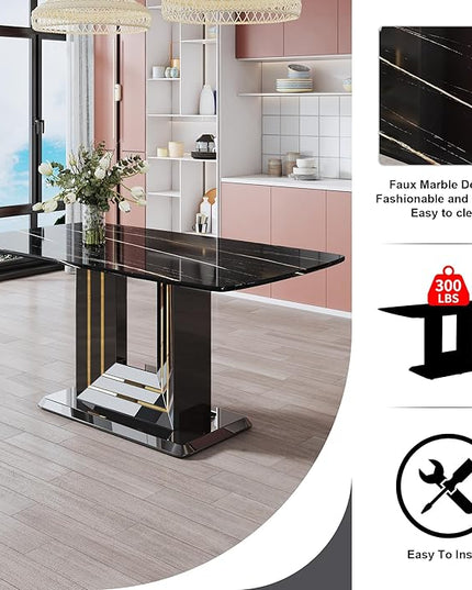 NicBex Dining Table Black Imitation Marble Pattern Desktop Black MDF Table Legs Gold Lines Black Base Suitable for Kitchen and Living Room, Black - LeafyLoom