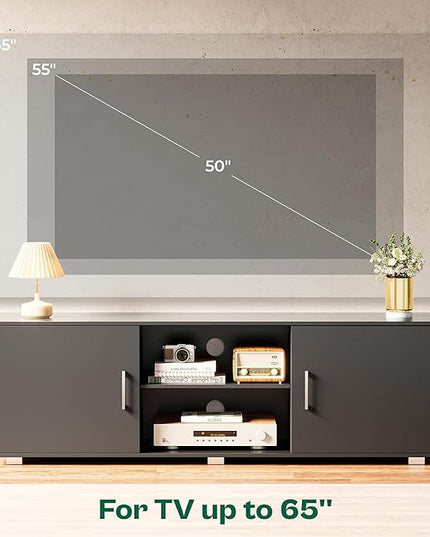 TV Stand for 55 Inch TV, Entertainment Center with Storage, 2 Cabinets, TV Console Media Cabinet with 6 Cable Holes, Black TV Stand for Living Room, Bedroom - LeafyLoom
