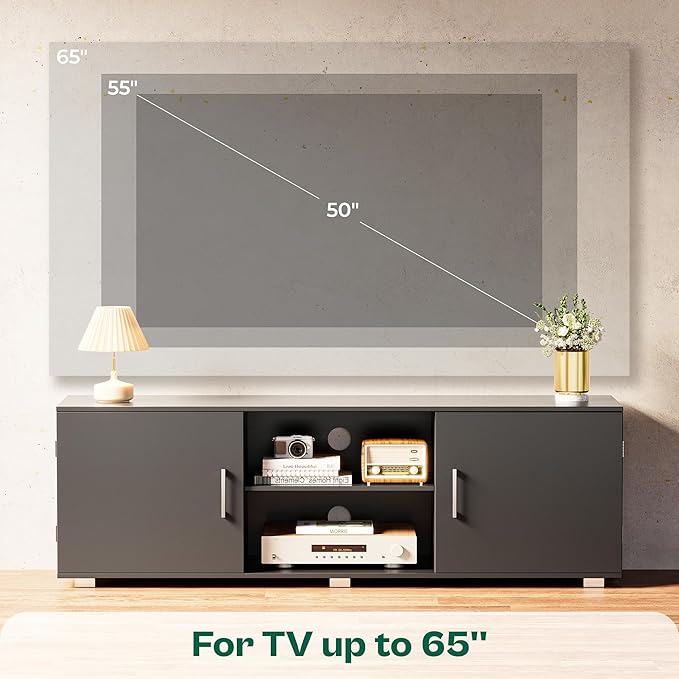 TV Stand for 55 Inch TV, Entertainment Center with Storage, 2 Cabinets, TV Console Media Cabinet with 6 Cable Holes, Black TV Stand for Living Room, Bedroom - LeafyLoom