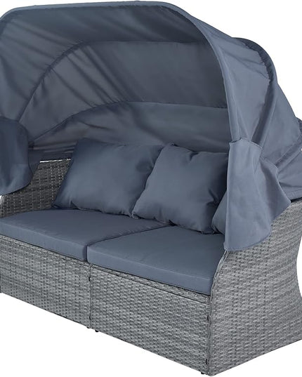 Rectangle Furniture Daybed Sunbed with Retractable Canopy, Outdoor Wicker Conversation Set with Cushions for Patio, Backyard, Porch, Garden, Hc-Gray - LeafyLoom