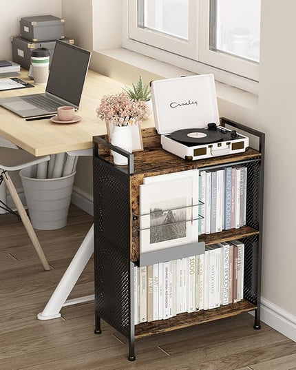 3 Tier Large Bookshelf with Storage Cabinet, Metal Industrial Bookcase Storage Organizer with Sliding Door, Open Standing Shelf Unit for Bedroom, Living Room, Home Office, Rustic Brown - LeafyLoom