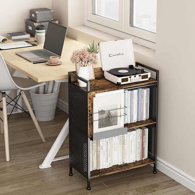 3 Tier Large Bookshelf with Storage Cabinet, Metal Industrial Bookcase Storage Organizer with Sliding Door, Open Standing Shelf Unit for Bedroom, Living Room, Home Office, Rustic Brown - LeafyLoom