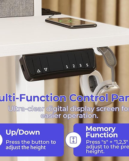 JOISCOPE 48 Inch Electric Standing Adjustable Height Desk with Double Drawer, Home Office Computer Gaming Desk with Storage Shelf and Power Outlets, Sit Stand Desk, White - LeafyLoom