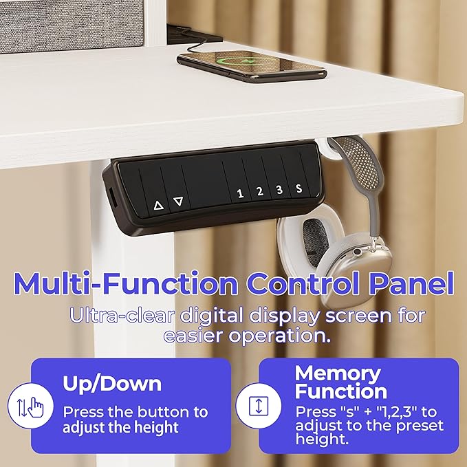 JOISCOPE 48 Inch Electric Standing Adjustable Height Desk with Double Drawer, Home Office Computer Gaming Desk with Storage Shelf and Power Outlets, Sit Stand Desk, White - LeafyLoom