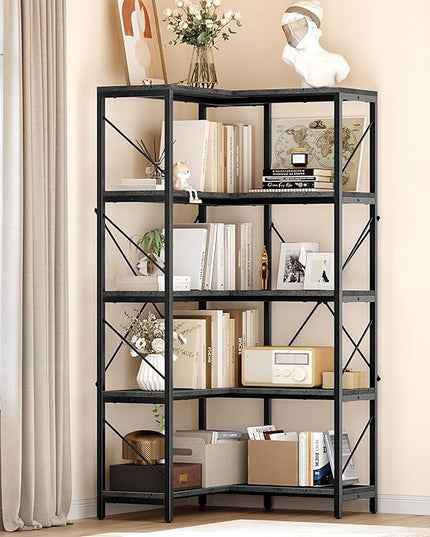 YITAHOME Corner Bookshelf, Industrial Corner Shelf 5 Tier Bookcase, Large Display Rack Storage for Bedroom, Living Room, Home Office,Charcoal Gray + Black - LeafyLoom