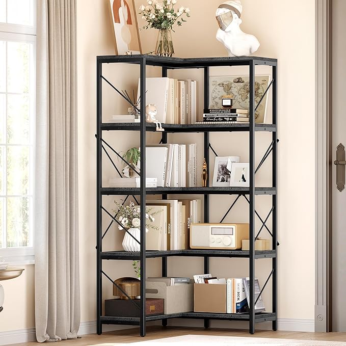 YITAHOME Corner Bookshelf, Industrial Corner Shelf 5 Tier Bookcase, Large Display Rack Storage for Bedroom, Living Room, Home Office,Charcoal Gray + Black - LeafyLoom