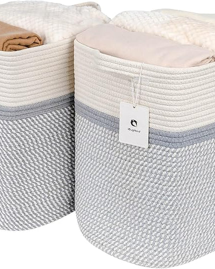 Medium and Large Woven Basket/With Handle, Baskets Laundry Hamper Wicker Tall Cotton Toy Storage Basket,Decorative Basket for Living room,Basket for Toys, 2bag - LeafyLoom