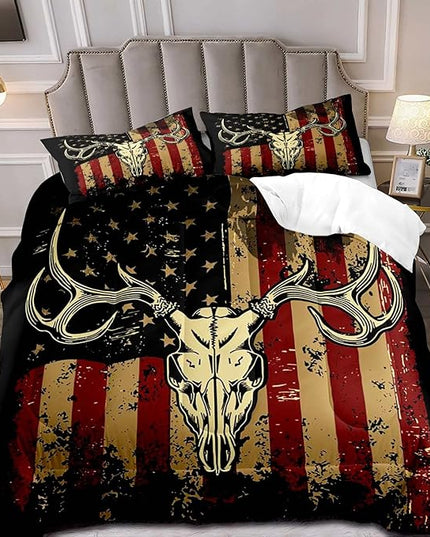 LUVIVIHOME 3PCS Deer Skull Comforter Set Full Size, Patriotic American Flag Comforter, 4th of July Independence Day Hunter Elk Moose Wildlife Cabin Country Rustic Hunting Bedding Quilt, 2 Pillow Shams - LeafyLoom