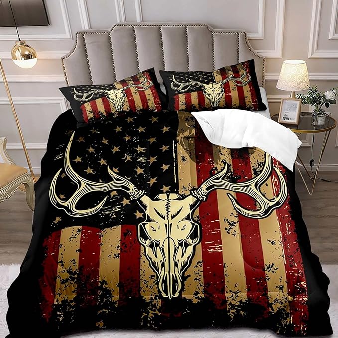 LUVIVIHOME 3PCS Deer Skull Comforter Set Full Size, Patriotic American Flag Comforter, 4th of July Independence Day Hunter Elk Moose Wildlife Cabin Country Rustic Hunting Bedding Quilt, 2 Pillow Shams - LeafyLoom