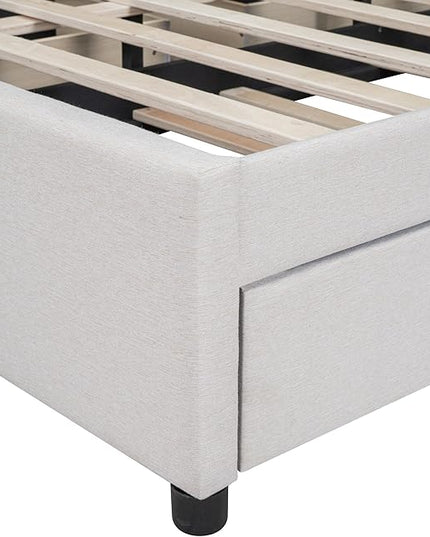Queen Size Linen Upholstered Platform Bed with 2 Drawers and Twin XL Size Trundle,Solid Wood Bed Frame w/Classic Headboard Design,for Bedroom,Apartment,Living Room,Beige - LeafyLoom