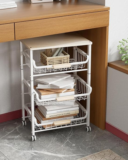 4-Layer Fruit Basket Kitchen Food Storage Organizer and Storage Rack, Stackable Storage cart with Desktop, Pull-Out Hollow Metal Storage Basket, liding Out Storage,White - LeafyLoom