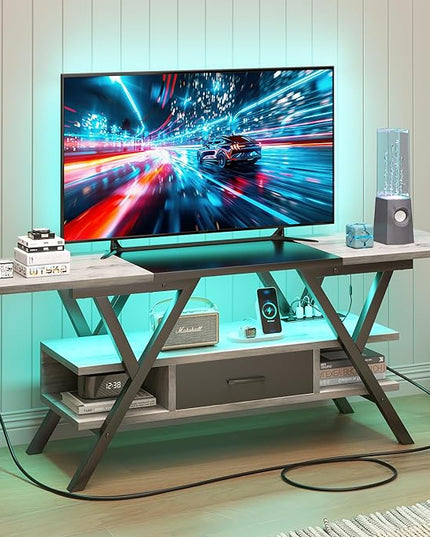Yusong 65 inch LED TV Stand, Entertainment Center Gaming TV Table with Outlets, Up to 65" Media Console for Living Room, 29+DIY Dynamic RGB Modes, Greige and Black - LeafyLoom