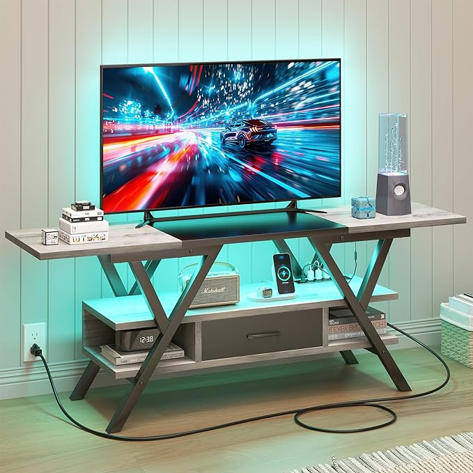 Yusong 65 inch LED TV Stand, Entertainment Center Gaming TV Table with Outlets, Up to 65" Media Console for Living Room, 29+DIY Dynamic RGB Modes, Greige and Black - LeafyLoom