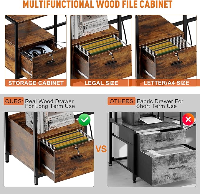 IDEALHOUSE L Shaped Desk - 76" Reversible L Shaped Computer Desk with File Drawer, Office Desk with Power Outlet, L Shaped Gaming Desk with Monitor Shelf, Corner Desk for Home Office, Vintage Brown - LeafyLoom