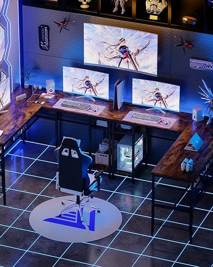 Reversible L Shaped Gaming Desk with Magic Power Outlets, 55 Inch Large Corner Computer Desk, Sturdy Home Office Table with Storage Shelf, Attractive Grid Design Writing Desk, Rustic Brown - LeafyLoom