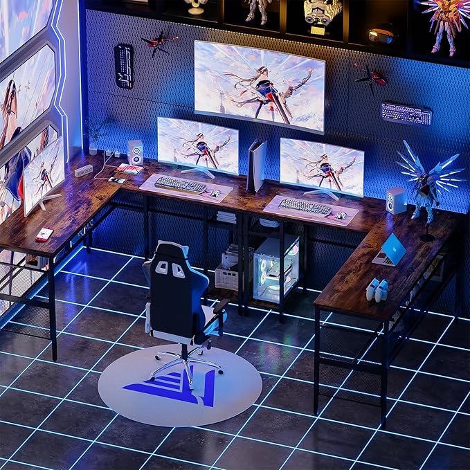 Reversible L Shaped Gaming Desk with Magic Power Outlets, 55 Inch Large Corner Computer Desk, Sturdy Home Office Table with Storage Shelf, Attractive Grid Design Writing Desk, Rustic Brown - LeafyLoom