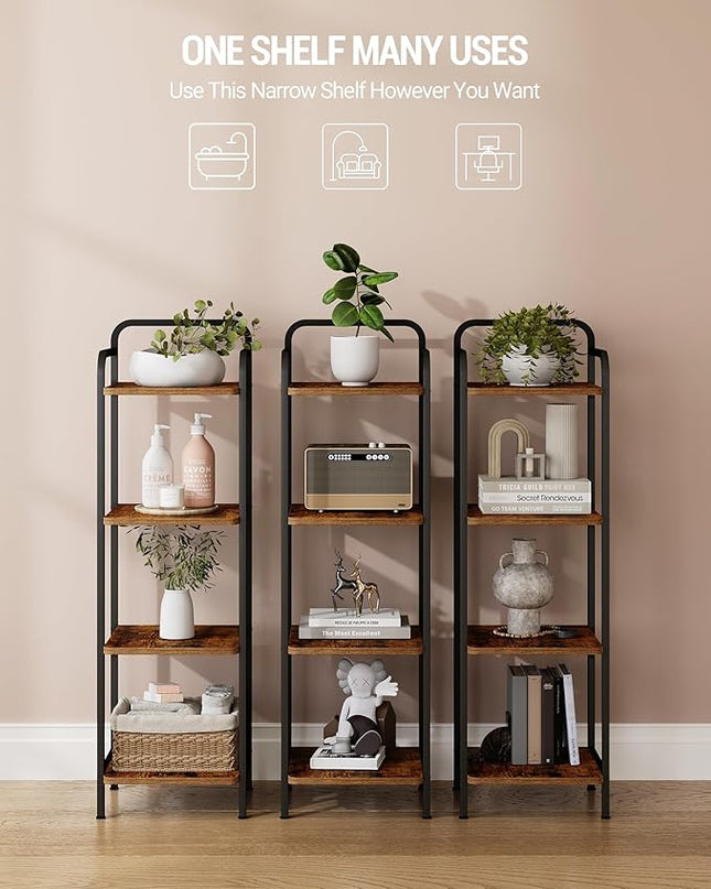 Bookcase Bookshelf, Narrow Book Shelf, Industrial Coner Shelf Storage Organizer, Slim Shelving Unit for Home Office, Living Room, Bedroom, Kitchen, 4-Tier Rustic Brown BC24401B - LeafyLoom
