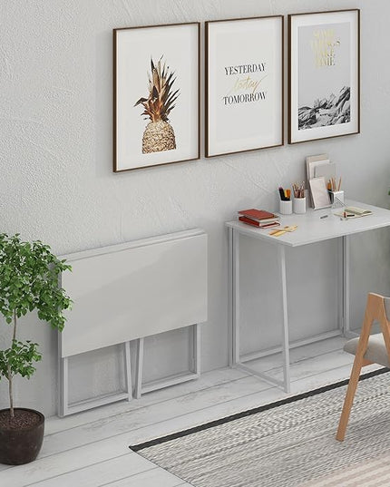 4NM 31.5" Small Desk with Storage Bag, Simple Assembly Folding Computer Desk Home Office Desk Study Writing Table for Small Space Offices - All White - LeafyLoom