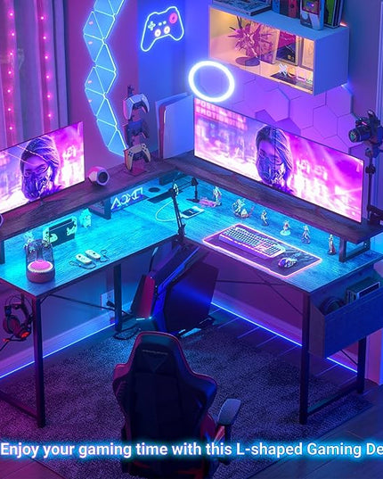 armocity L Shaped Computer Desk with Power Outlets, Gaming Desk L Shaped with LED Lights, Corner Desk with Storage Shelves, Work Study Desk for Bedroom, Home Office Small Spaces, 47'', Grey Oak - LeafyLoom