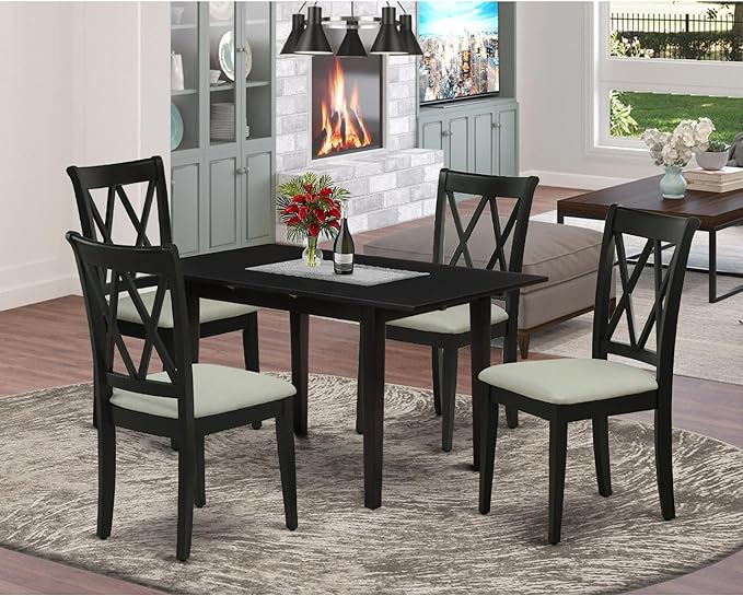 East West Furniture NOCL5-BLK-C 5 Piece Dining Table Set for 4 Includes a Rectangle Kitchen Table with Butterfly Leaf and 4 Linen Fabric Kitchen Dining Chairs, 32x54 Inch, Black - LeafyLoom