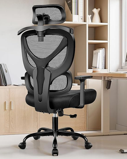Office Chair Ergonomic Desk Chair Comfy Computer Chair, Big and Tall Home Office Chair with Back Support, Mesh Office Chair High Back Gaming Chair with Adjustable Armrest (Black) - LeafyLoom