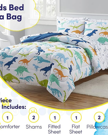 Kids Bedding Set Bed in a Bag for Boys and Girls Toddlers Printed Sheet Set and Comforter, Full, Dinosaur (Pack of 4) - LeafyLoom