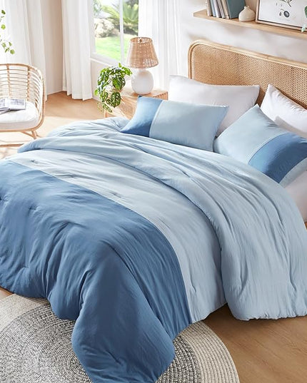 Blue Twin Comforter Set - Modern Soft Farmhouse Bedding for Teen Boys, Kids Colorblock Pattern Bed Sets for All Season, 2 Pieces includes 1 Comforter, 1 Sham (66"x 90") - LeafyLoom
