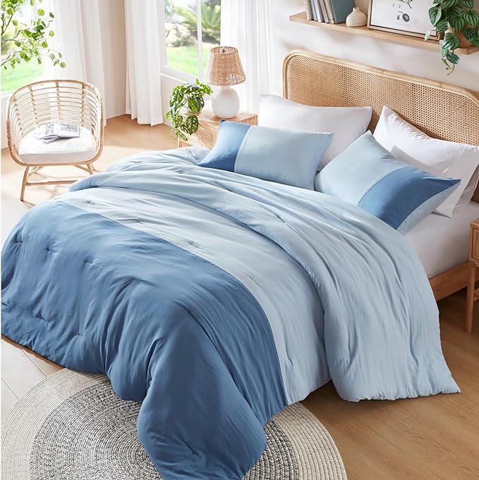 Blue Twin Comforter Set - Modern Soft Farmhouse Bedding for Teen Boys, Kids Colorblock Pattern Bed Sets for All Season, 2 Pieces includes 1 Comforter, 1 Sham (66"x 90") - LeafyLoom