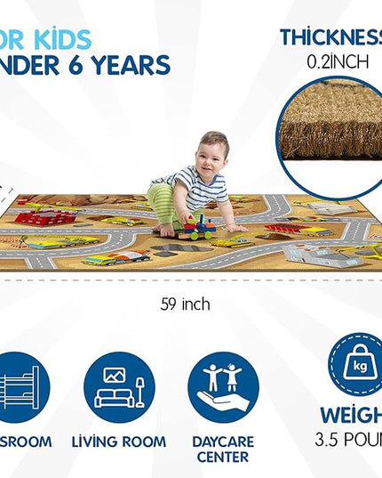 Kids Construction Site Play Rug Non-Slip Construction Vehicles Play Mat for Driving Toy Cars Daycare Nursery Preschool Playroom Kids Car Activity Carpet (construction play rug, 39X59 inches) - LeafyLoom
