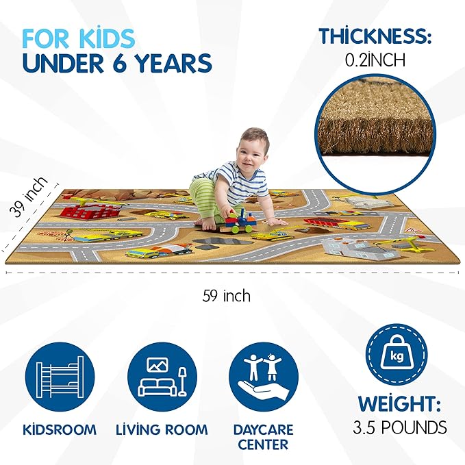 Kids Construction Site Play Rug Non-Slip Construction Vehicles Play Mat for Driving Toy Cars Daycare Nursery Preschool Playroom Kids Car Activity Carpet (construction play rug, 39X59 inches) - LeafyLoom