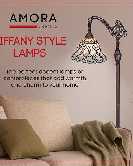 Amora Tiffany Floor Lamp Torchiere - Arched Style Peacock Floor Lamp - 62” Tall Peacock Floor Stained Glass Lamp - Tiffany Floor Lamps for Living Room - LeafyLoom