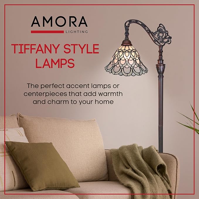 Amora Tiffany Floor Lamp Torchiere - Arched Style Peacock Floor Lamp - 62” Tall Peacock Floor Stained Glass Lamp - Tiffany Floor Lamps for Living Room - LeafyLoom